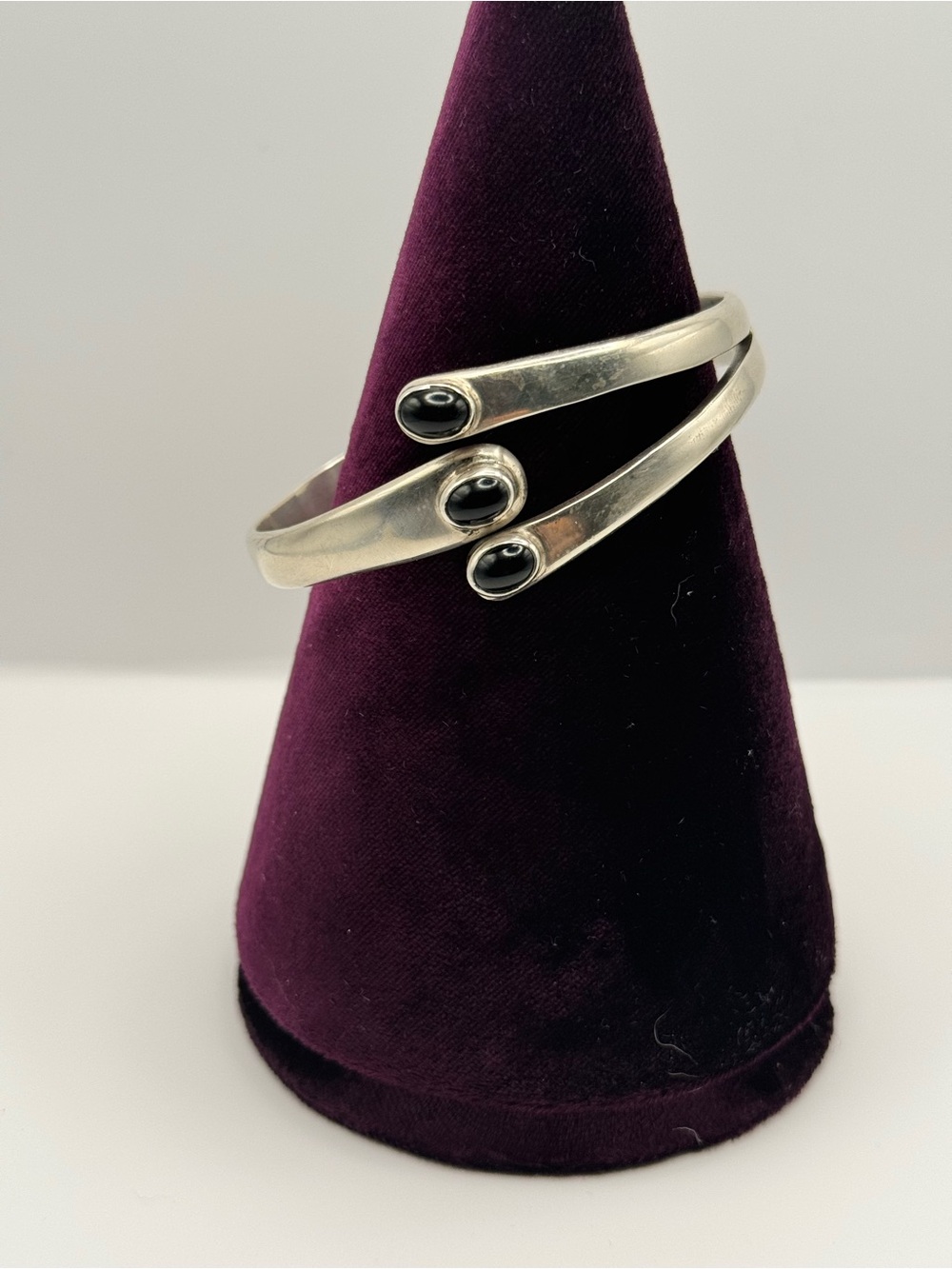 Vintage Stamped Mexico Sterling Silver and Onyx Clamper Bracelet